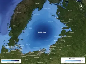 Morze bałtyckie mapa przedstawiająca akwen z zaznaczonymi krajami nadbałtyckimi, głębokościami i portami