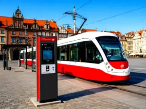 Bilet MPK Kraków – automat biletowy i tramwaj na przystanku w centrum miasta