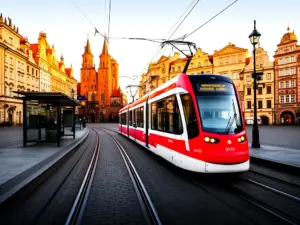 Nowoczesny tramwaj MPK na tle krakowskiego Rynku - mpk kraków rozkłady jazdy transportu miejskiego