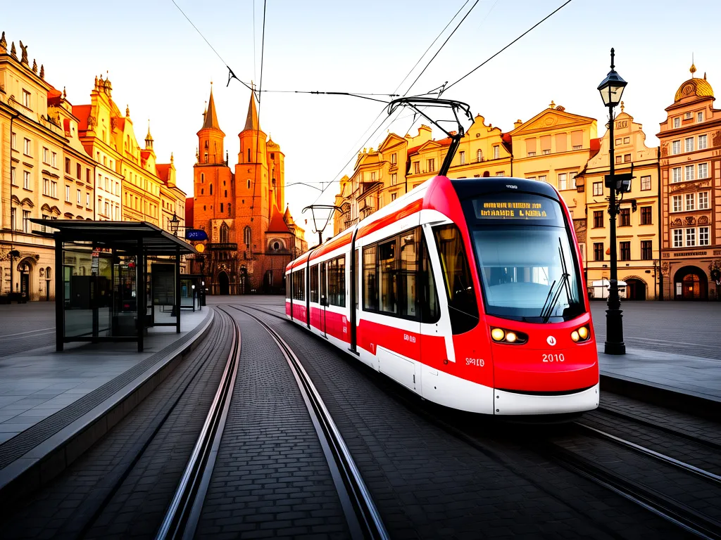 Nowoczesny tramwaj MPK na tle krakowskiego Rynku - mpk kraków rozkłady jazdy transportu miejskiego