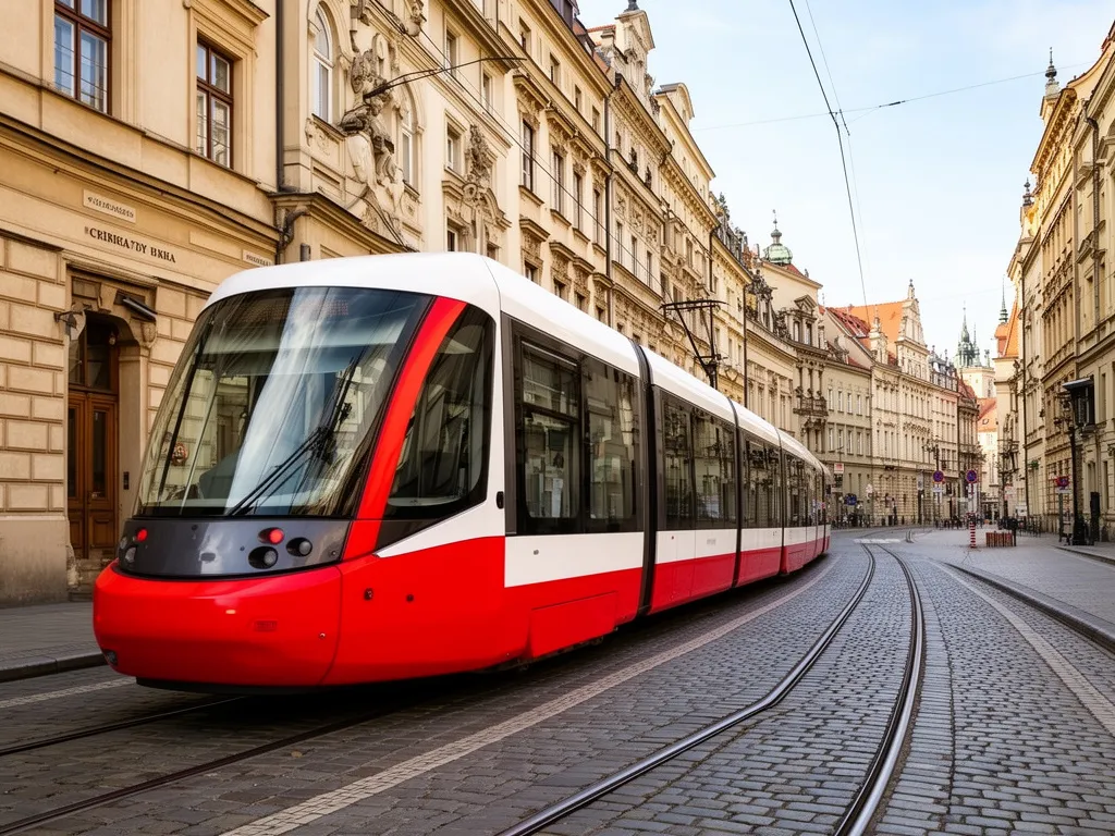 Nowoczesny tramwaj MPK Kraków na ulicy w centrum miasta, komunikacja miejska w stolicy Małopolski
