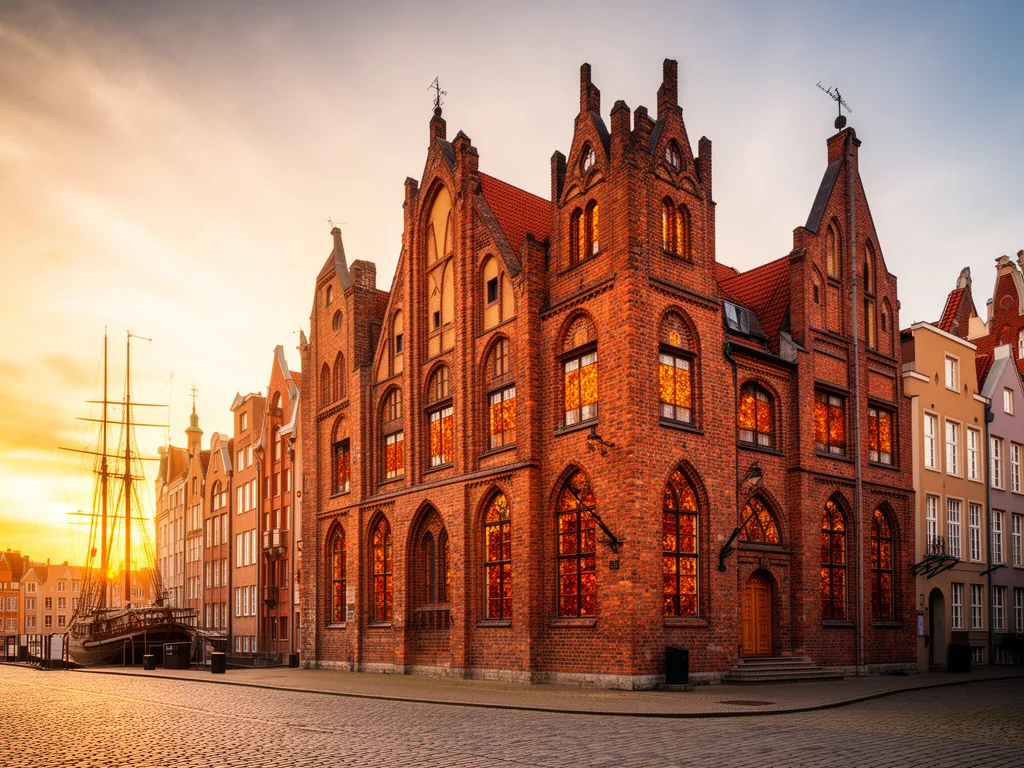 Zabytkowy budynek muzeum gdańsk w Starym Mieście z charakterystyczną ceglaną architekturą gotycką