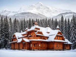 Muzeum Zakopane w tradycyjnej drewnianej architekturze góralskiej na tle Tatr zimą
