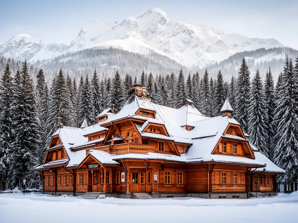 Muzeum Zakopane w tradycyjnej drewnianej architekturze góralskiej na tle Tatr zimą