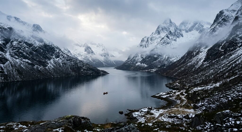 A breathtaking, professional editorial photograph of a deep, misty fjord in northern Norway, surroun