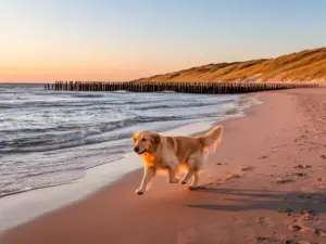 Pusta piaszczysta plaża nad Bałtykiem idealna na wyjazd nad morze z psem, fale i drewniane ostrógi