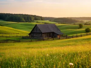 Najlepszą agroturystyka w polsce - malowniczy krajobraz wiejski z tradycyjnym gospodarstwem i zielonymi łąkami
