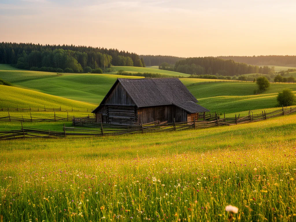 Najlepszą agroturystyka w polsce - malowniczy krajobraz wiejski z tradycyjnym gospodarstwem i zielonymi łąkami