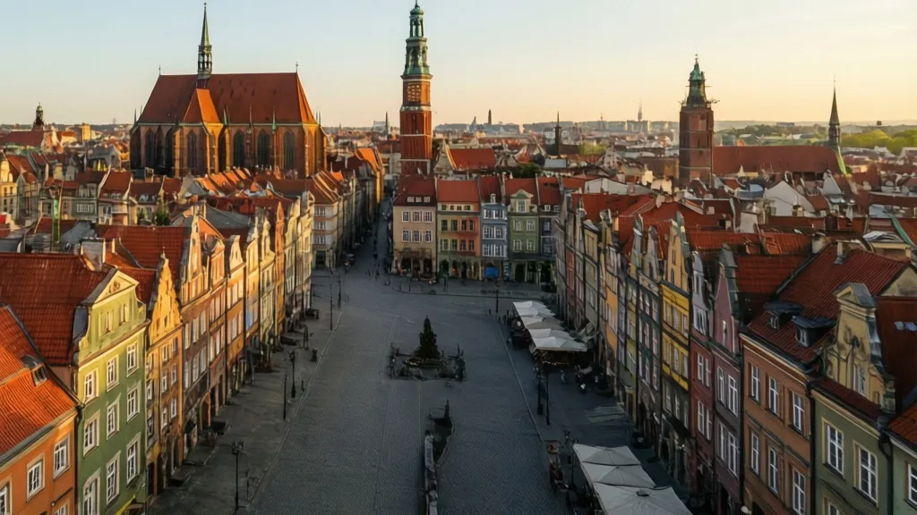 Najpiękniejsze miasta w Polsce - widok z lotu ptaka na zabytkowy rynek ze starymi kamienicami i gotycką architekturą
