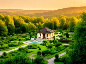Park zdrojowy w Nałęczów spa z alejkami spacerowymi i historyczną architekturą uzdrowiskową