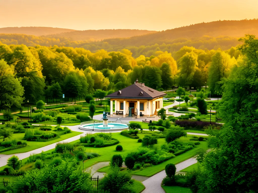 Park zdrojowy w Nałęczów spa z alejkami spacerowymi i historyczną architekturą uzdrowiskową
