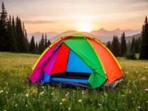 Namiot dla dzieci rozstawiony na łące górskiej – idealny na rodzinne wyprawy turystyczne i camping