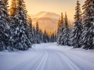 Przygotowana trasa do jazdy na nartach biegowych prowadząca przez ośnieżony las sosnowy