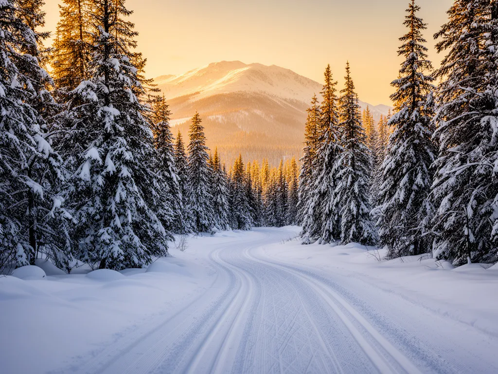 Przygotowana trasa do jazdy na nartach biegowych prowadząca przez ośnieżony las sosnowy