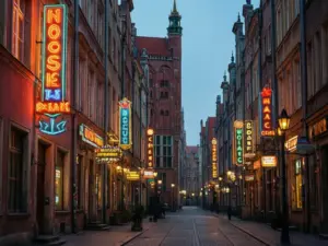 Neony Gdańsk rozświetlające ulice Głównego Miasta o zmierzchu – kolorowe szyldy w stylu retro PRL
