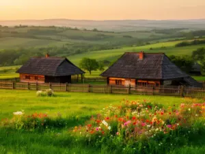 Noclegi agroturystyka w malowniczym gospodarstwie wiejskim z drewnianymi domkami i zielonymi łąkami