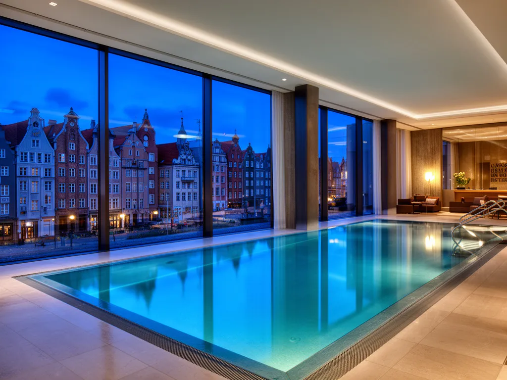 Luksusowy kryty basen w hotelu oferującym noclegi Gdańsk z basenem z widokiem na Stare Miasto