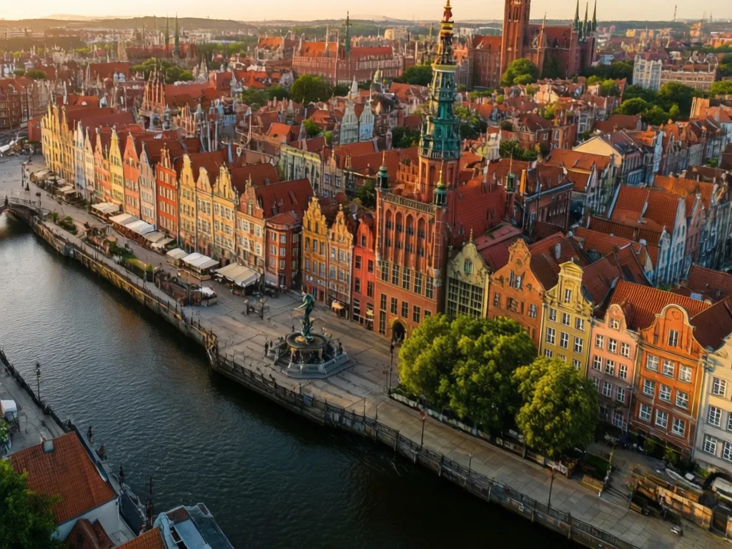 Widok na Stare Miasto w Gdańsku z kolorowymi kamienicami – popularna lokalizacja dla turystów szukających noclegów Gdańsk