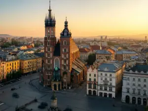 Rynek Główny w Krakowie o zachodzie słońca - idealna lokalizacja na noclegi Kraków w centrum miasta