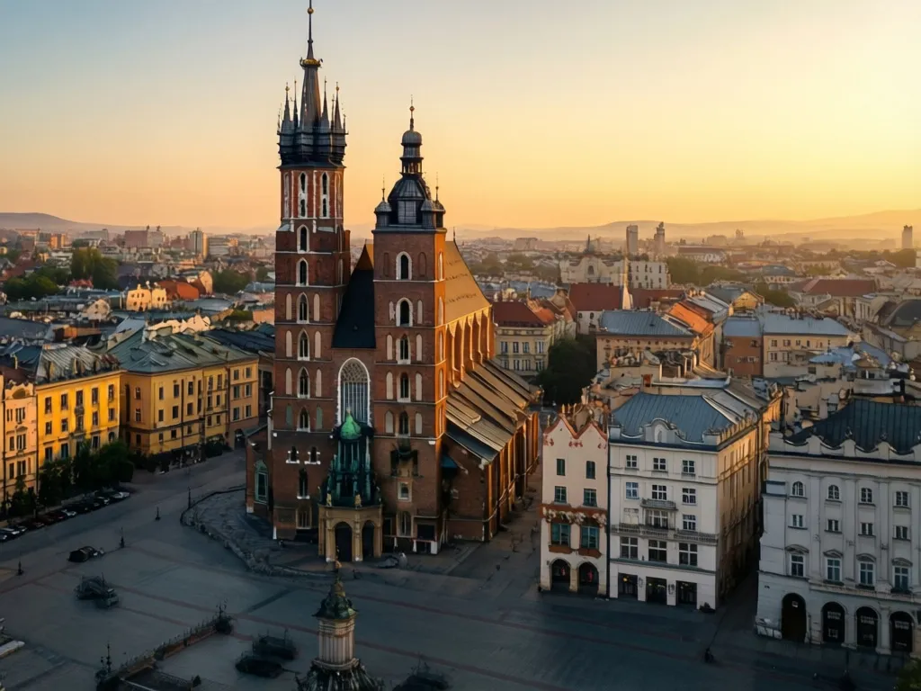 Rynek Główny w Krakowie o zachodzie słońca - idealna lokalizacja na noclegi Kraków w centrum miasta