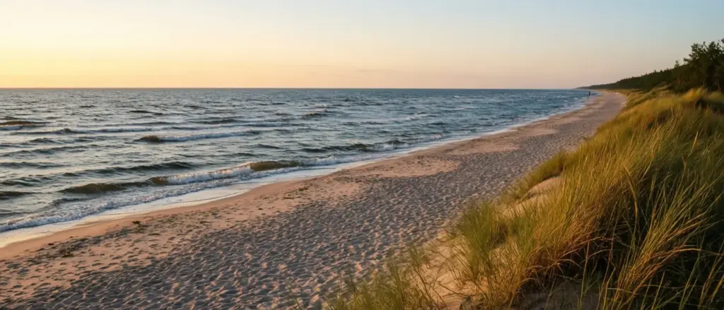 Szeroka piaszczysta plaża nad Bałtykiem w Rowach – idealne miejsce na wypoczynek przy wyborze noclegu Rowy