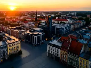 Panorama centrum Rzeszowa z lotu ptaka – znajdź idealne noclegi Rzeszów w sercu miasta