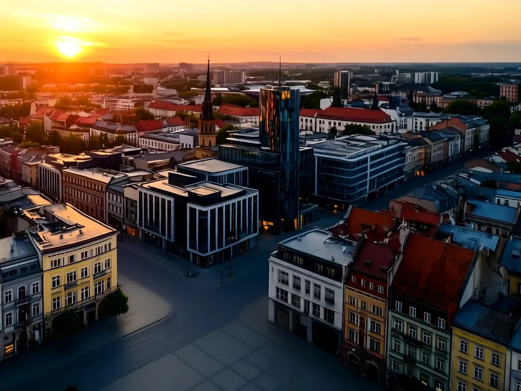 Panorama centrum Rzeszowa z lotu ptaka – znajdź idealne noclegi Rzeszów w sercu miasta