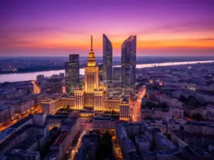 Panorama Warszawy z Pałacem Kultury i wieżowcami – stolica Polski oferuje różnorodne noclegi warszawa dla turystów