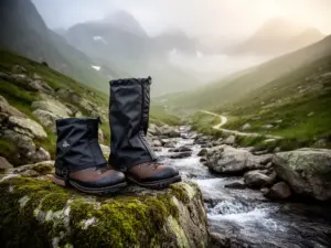 Ochraniacze na buty turystyczne leżące na kamieniach przy górskim szlaku w tle szczytów alpejskich