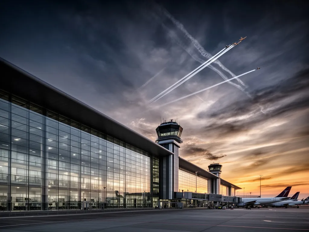 Nowoczesny terminal lotniska Kraków Balice z widokiem na płytę lotniskową, odloty Kraków Balice