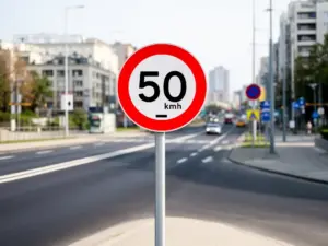 Znak ograniczenia prędkości w polsce na drodze w terenie zabudowanym z limitem 50 km/h