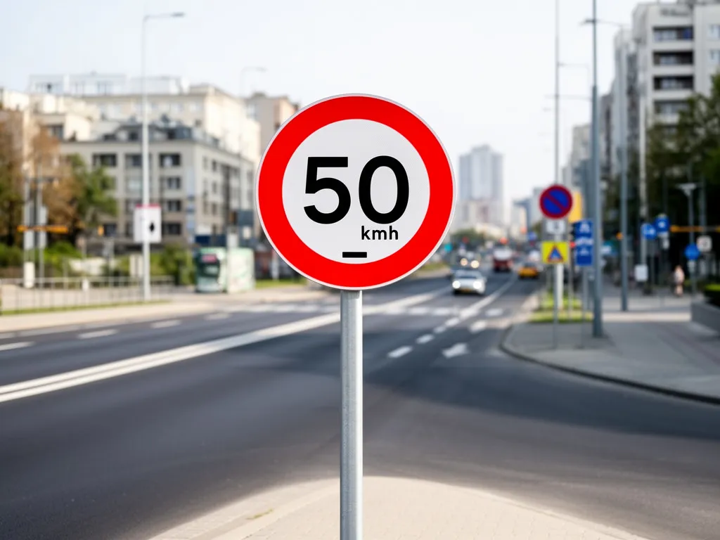 Znak ograniczenia prędkości w polsce na drodze w terenie zabudowanym z limitem 50 km/h