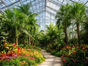Ogród Botaniczny Warszawa - palmiarnia z egzotycznymi roślinami i alejki spacerowe wśród bujnej zieleni