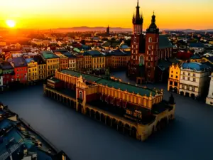 Rynek Główny w Starym Mieście Kraków z lotu ptaka o zachodzie słońca z widocznymi zabytkowymi kamienicami