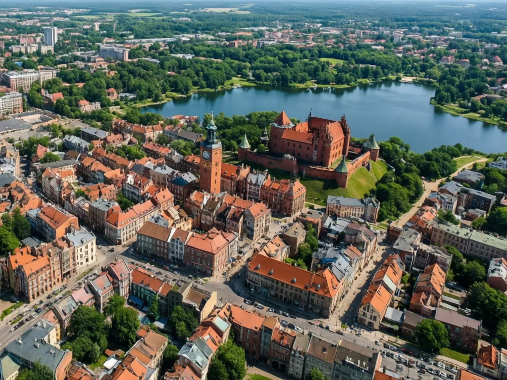 Olsztyn mapa - widok z lotu ptaka na centrum miasta z Starym Miastem i zamkiem, układ ulic i jezior