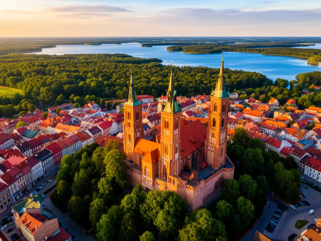 Olsztyn Mazury – widok na centrum miasta ze starym zamkiem i mazurskie jeziora w tle