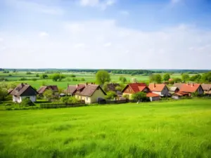 Malowniczy krajobraz wiejski Opacz Kolonia z zielonymi łąkami i tradycyjną zabudową pod Warszawą