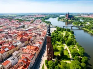 Opole mapa - widok z lotu ptaka na centrum miasta z rzeką Odrą i zabytkami historycznymi