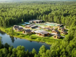 Ośrodek wypoczynkowy nad jeziorem otoczony lasem z drewnianymi domkami i infrastrukturą rekreacyjną