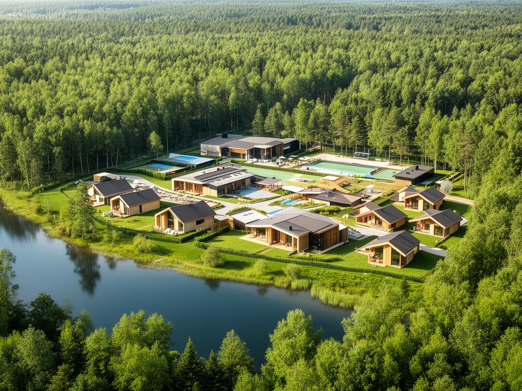 Ośrodek wypoczynkowy nad jeziorem otoczony lasem z drewnianymi domkami i infrastrukturą rekreacyjną