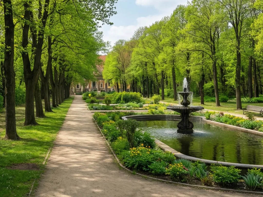 Park Oliwski Gdańsk - zabytkowe aleje spacerowe i staw z fontanną otoczony bujną zielenią w słoneczny dzień