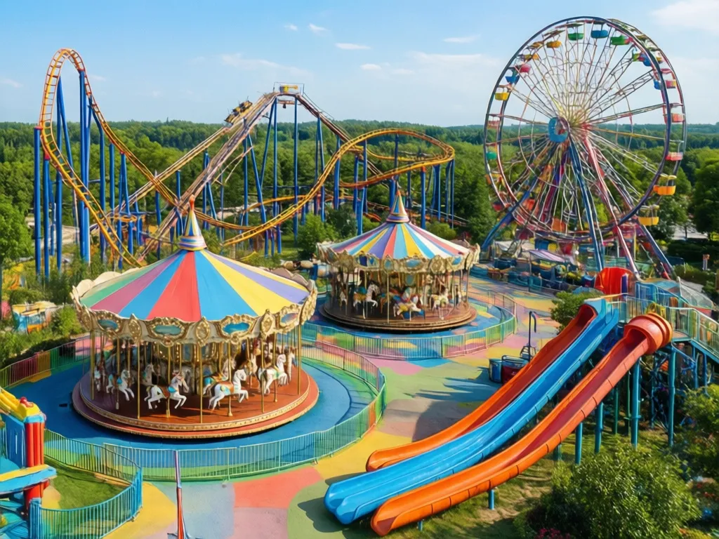 Kolorowy park rozrywki dla dzieci z karuzelami i zjeżdżalniami widziany z lotu ptaka
