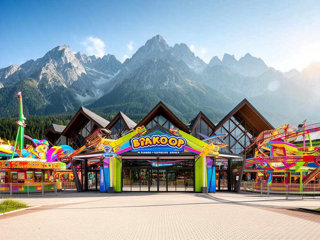 Park rozrywki Zakopane z widokiem na Tatry i kolorowymi atrakcjami dla całej rodziny