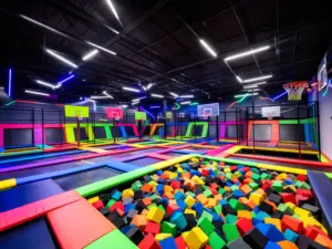 Nowoczesny park trampolin warszawa z kolorowymi trampolinami i basenem z pianki do skoków