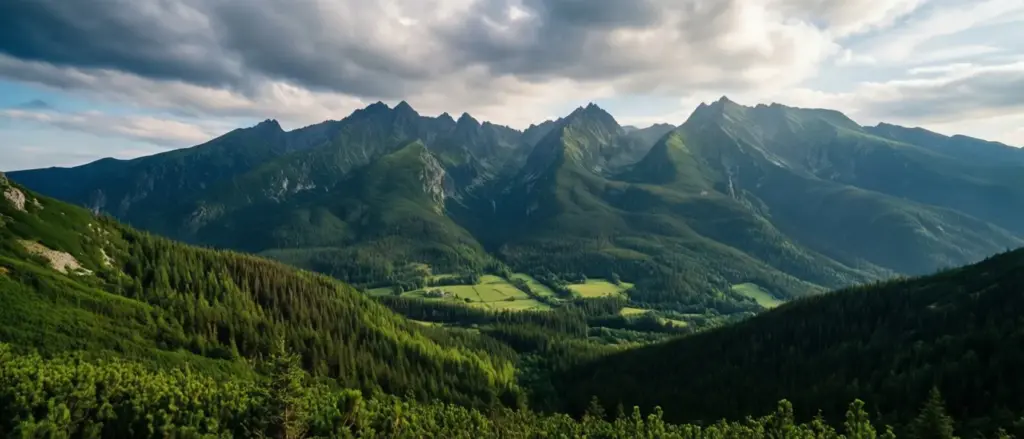 Pasma górskie w Polsce - widok na Tatry i zielone doliny górskie z charakterystycznymi szczytami