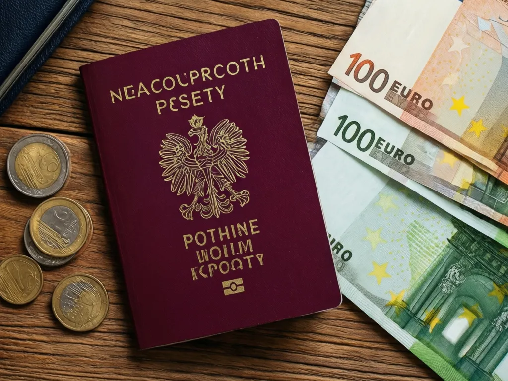 Paszport cena - dokument paszportowy z banknotami euro ilustrujący koszty wydania paszportu w Polsce