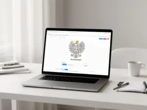 Laptop z systemem składania wniosków o paszporty online – nowoczesna e-usługa paszportowa w Polsce