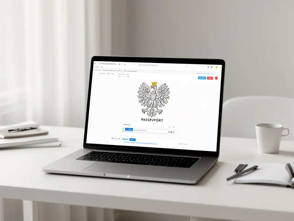 Laptop z systemem składania wniosków o paszporty online – nowoczesna e-usługa paszportowa w Polsce