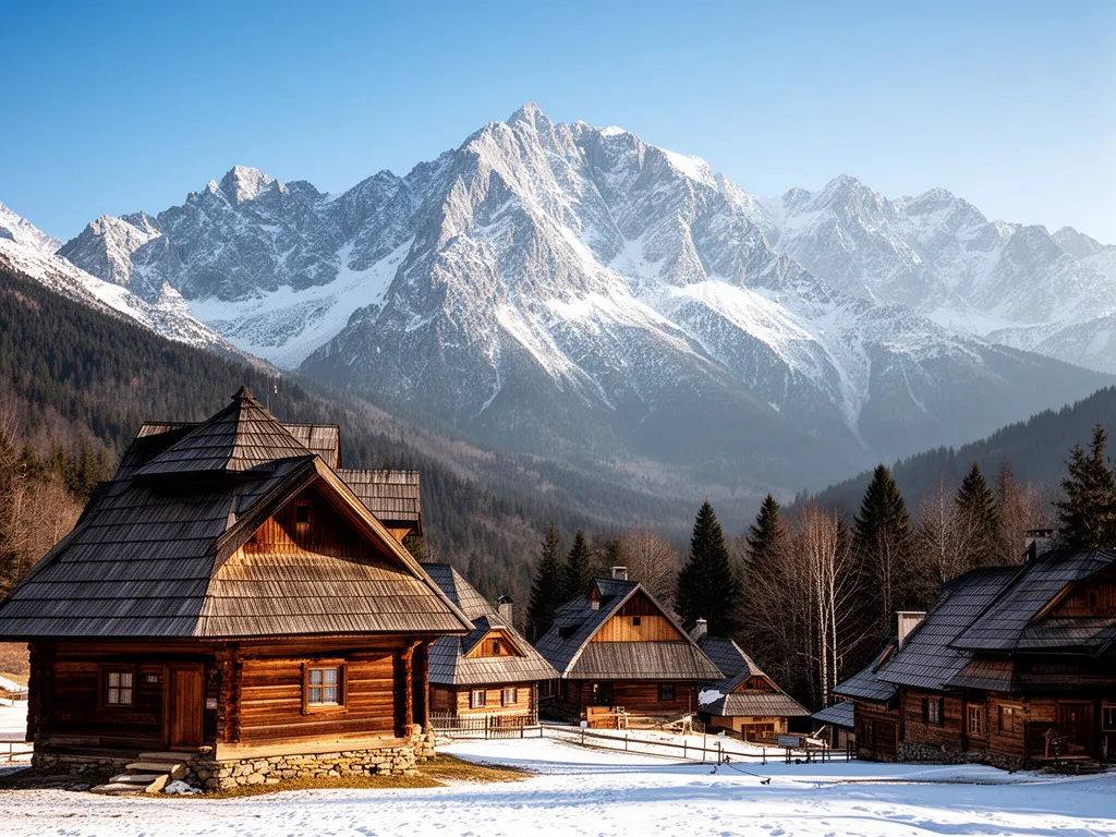 Widok na Tatry z tradycyjną zakopiańską architekturą - idealne miejsce na pensjonat Zakopane