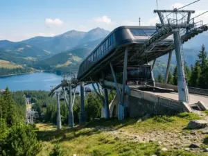 PKL Solina Plasza dolna stacja kolei gondolowej z widokiem na infrastrukturę kolejki linowej w Bieszczadach